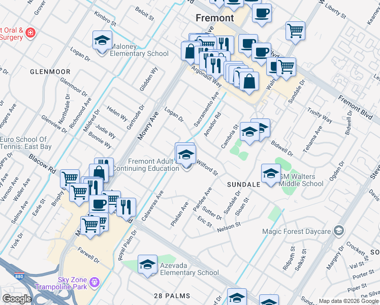 map of restaurants, bars, coffee shops, grocery stores, and more near 39323 Wilford Street in Fremont