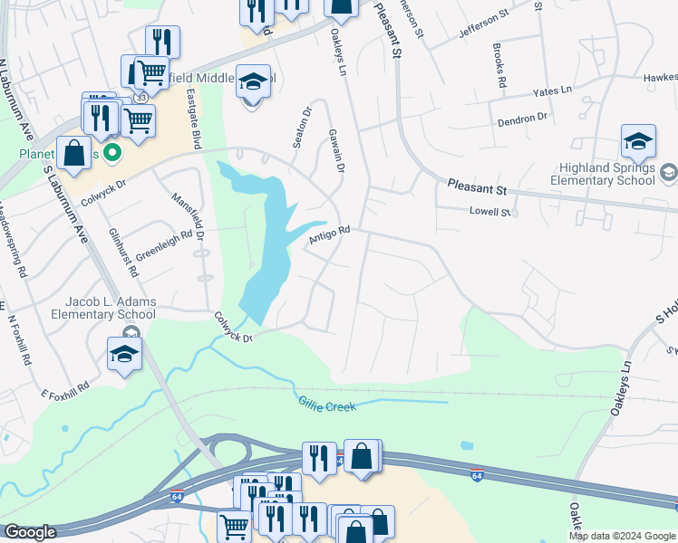 map of restaurants, bars, coffee shops, grocery stores, and more near 5303 Orinda Drive in Richmond