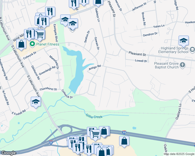 map of restaurants, bars, coffee shops, grocery stores, and more near 5303 Orinda Drive in Richmond