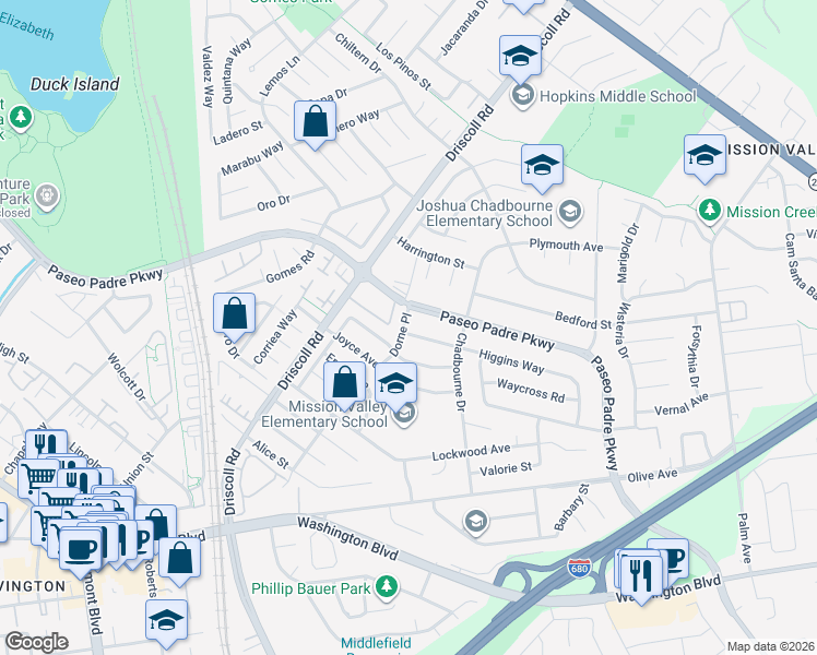 map of restaurants, bars, coffee shops, grocery stores, and more near 41506 Higgins Way in Fremont