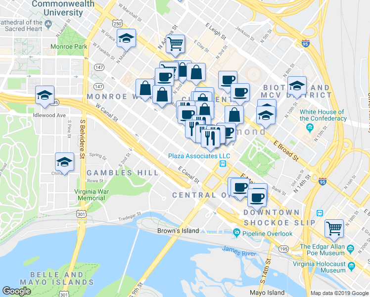 map of restaurants, bars, coffee shops, grocery stores, and more near 15 South 5th Street in Richmond