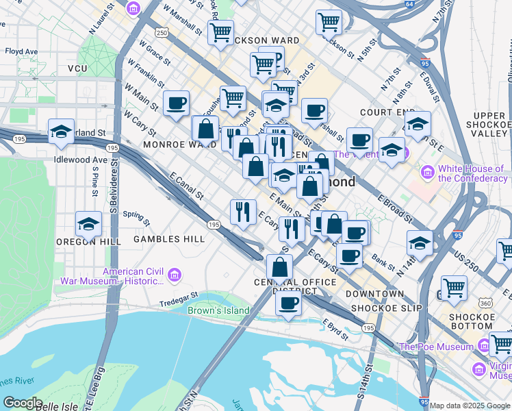 map of restaurants, bars, coffee shops, grocery stores, and more near 107 South 5th Street in Richmond