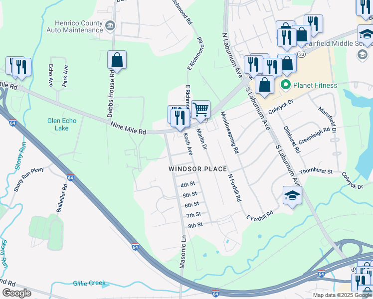 map of restaurants, bars, coffee shops, grocery stores, and more near 110 Koch Avenue in Richmond