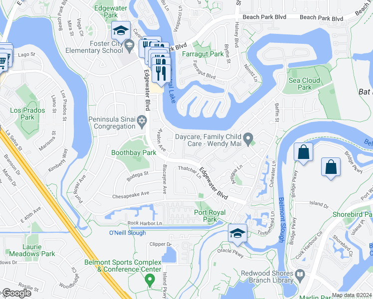 map of restaurants, bars, coffee shops, grocery stores, and more near 510 Trinidad Lane in San Mateo