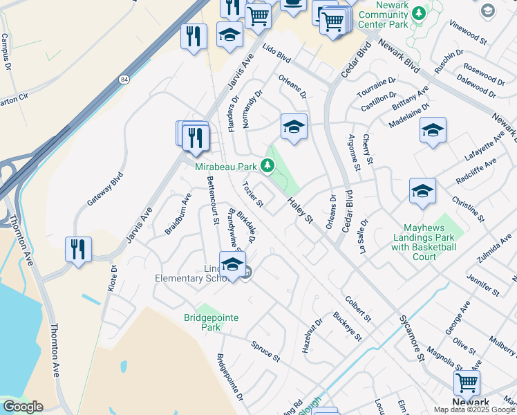map of restaurants, bars, coffee shops, grocery stores, and more near 7456 Birkdale Drive in Newark