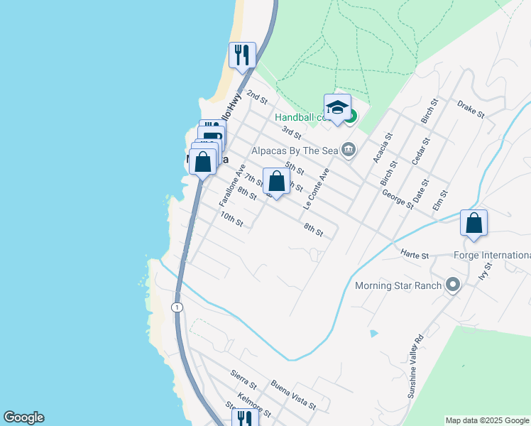 map of restaurants, bars, coffee shops, grocery stores, and more near 1485 East Avenue in Montara