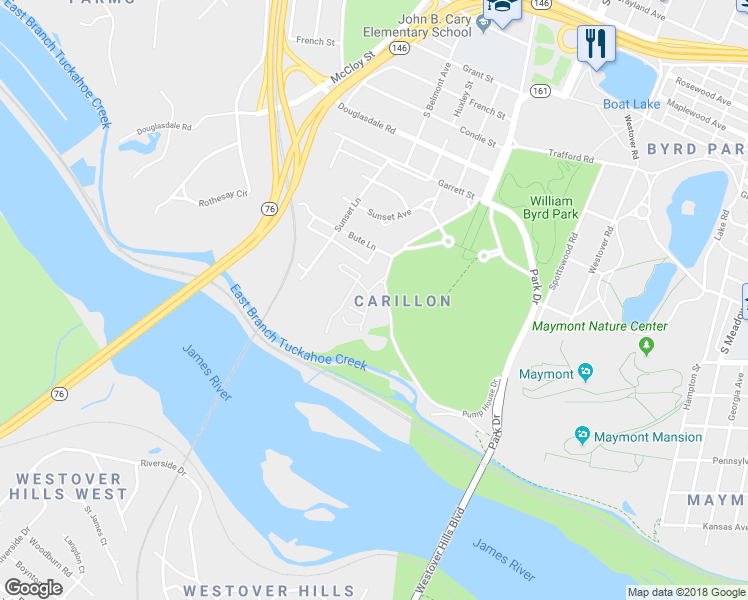 map of restaurants, bars, coffee shops, grocery stores, and more near 11 James Falls Drive in Richmond
