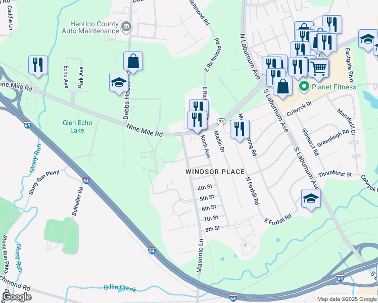 map of restaurants, bars, coffee shops, grocery stores, and more near 15 Masonic Lane in Richmond