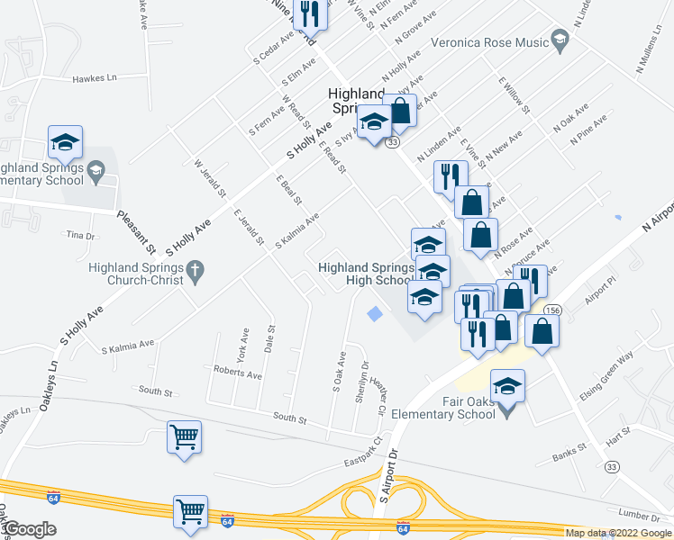 map of restaurants, bars, coffee shops, grocery stores, and more near 583 East Beal Street in Henrico