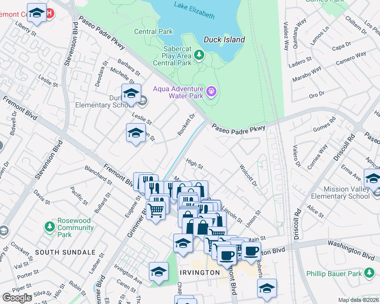 map of restaurants, bars, coffee shops, grocery stores, and more near 40300 Grimmer Boulevard in Fremont