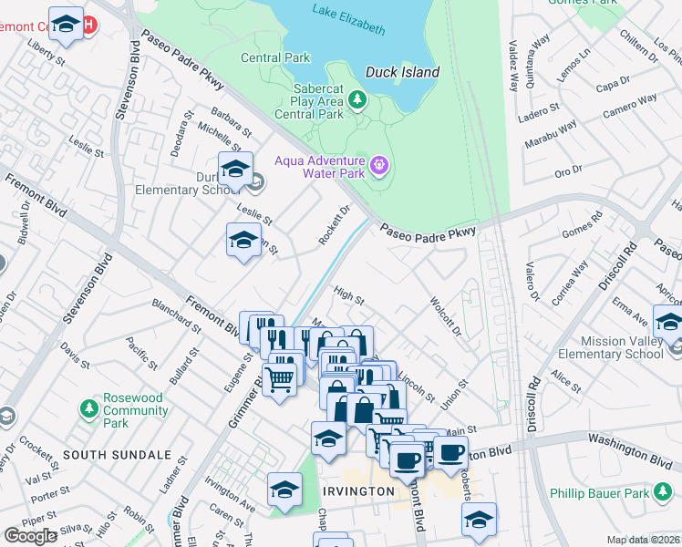 map of restaurants, bars, coffee shops, grocery stores, and more near 40300 Grimmer Boulevard in Fremont