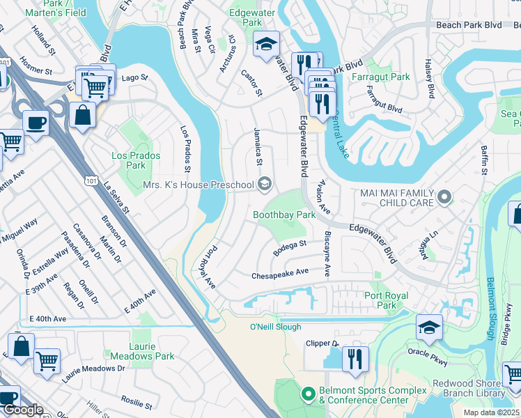 map of restaurants, bars, coffee shops, grocery stores, and more near 1163-1101 Galveston Street in Foster City