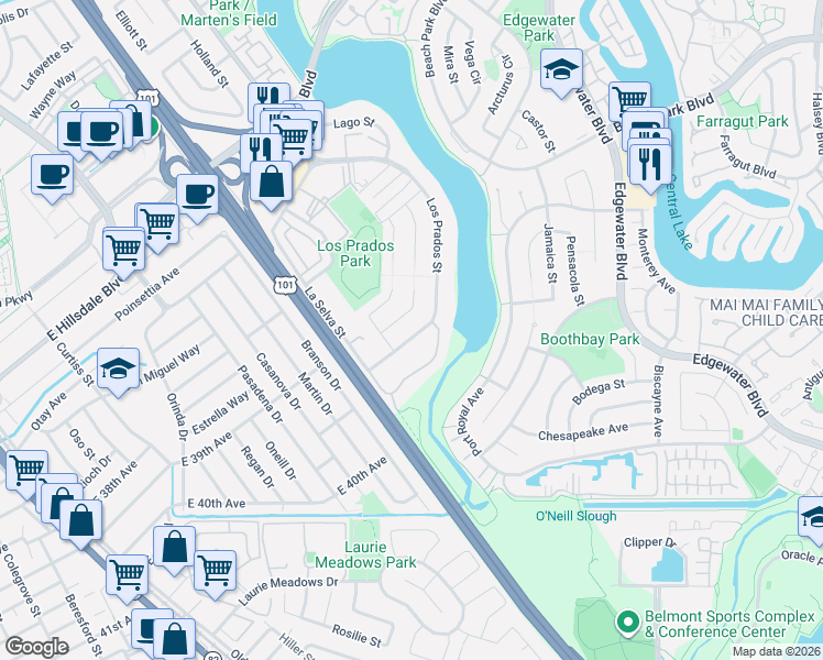 map of restaurants, bars, coffee shops, grocery stores, and more near 3361 Los Prados Street in San Mateo