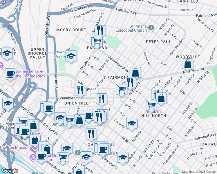 map of restaurants, bars, coffee shops, grocery stores, and more near 966 Pink Street in Richmond