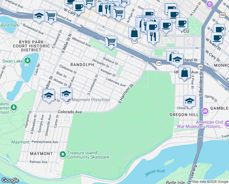 map of restaurants, bars, coffee shops, grocery stores, and more near 1310 Blair Street in Richmond