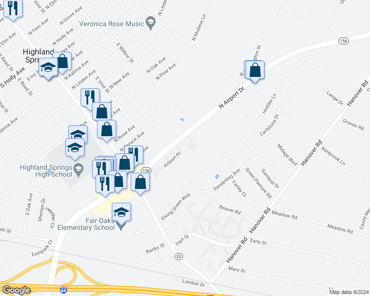 map of restaurants, bars, coffee shops, grocery stores, and more near 430 Airport Court in Henrico