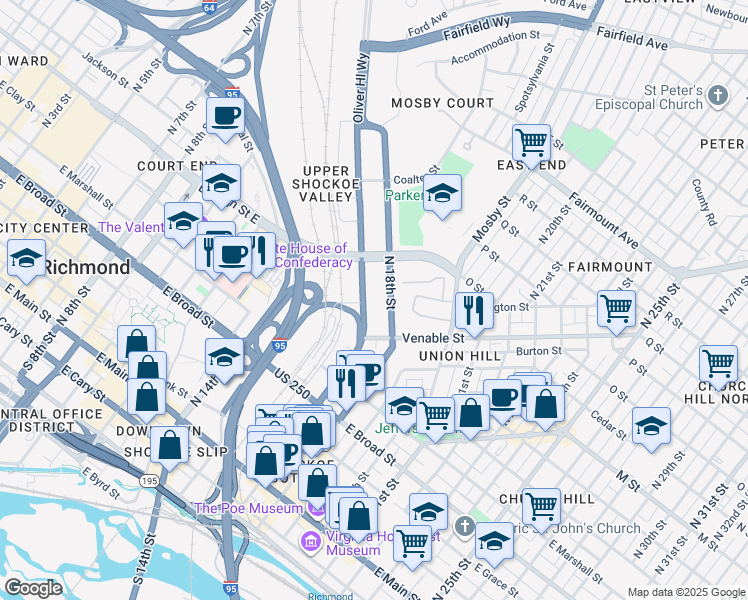 map of restaurants, bars, coffee shops, grocery stores, and more near 1700 Venable Street in Richmond