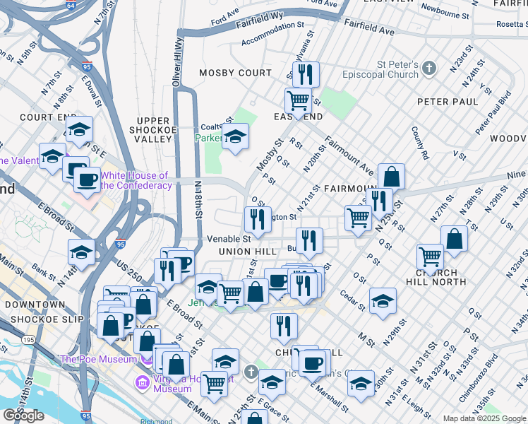 map of restaurants, bars, coffee shops, grocery stores, and more near 1921 O Street in Richmond