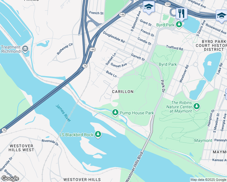 map of restaurants, bars, coffee shops, grocery stores, and more near 11 James Falls Drive in Richmond