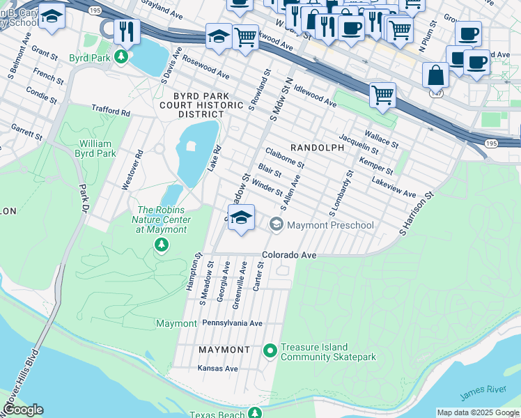 map of restaurants, bars, coffee shops, grocery stores, and more near 1810 Appomattox Street in Richmond