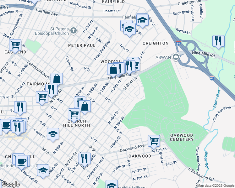 map of restaurants, bars, coffee shops, grocery stores, and more near 1514 North 31st Street in Richmond