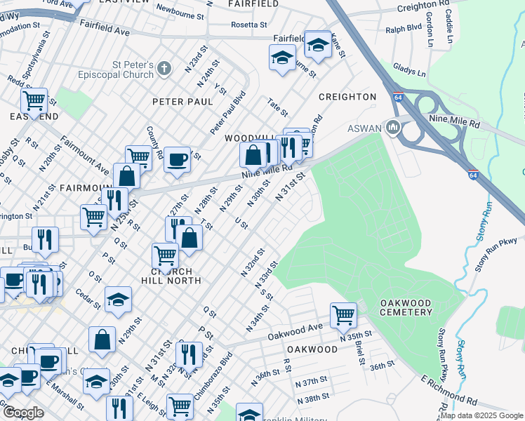 map of restaurants, bars, coffee shops, grocery stores, and more near 1514 North 31st Street in Richmond