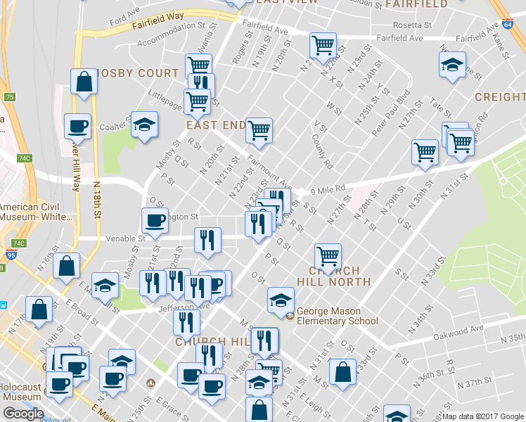 map of restaurants, bars, coffee shops, grocery stores, and more near 1110 North 24th Street in Richmond