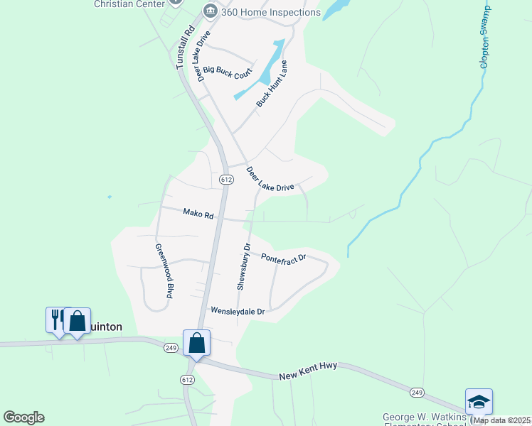 map of restaurants, bars, coffee shops, grocery stores, and more near 5929 Hingham Drive in New Kent