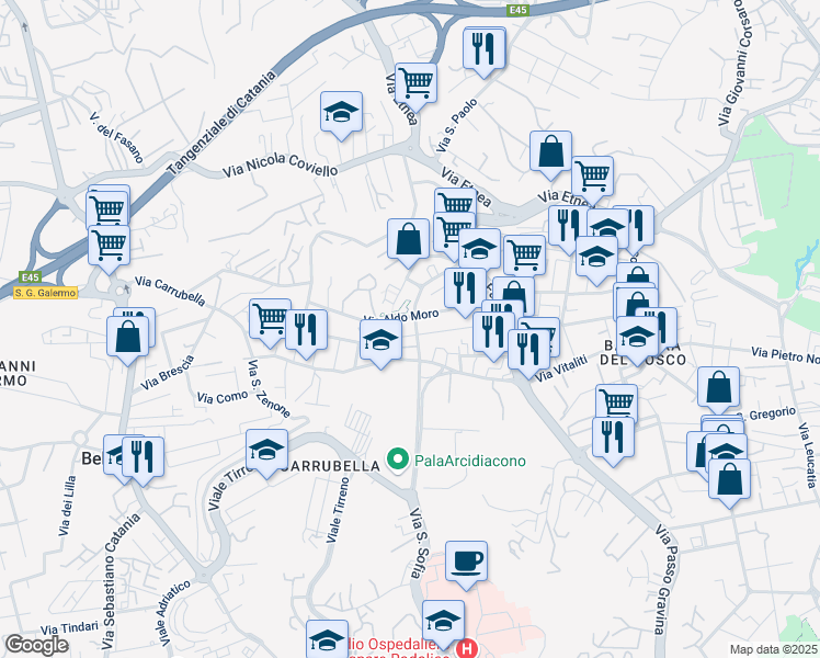 map of restaurants, bars, coffee shops, grocery stores, and more near 131 Via Carrubella in Gravina di Catania
