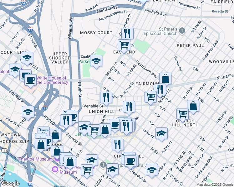 map of restaurants, bars, coffee shops, grocery stores, and more near 864 North 22nd Street in Richmond