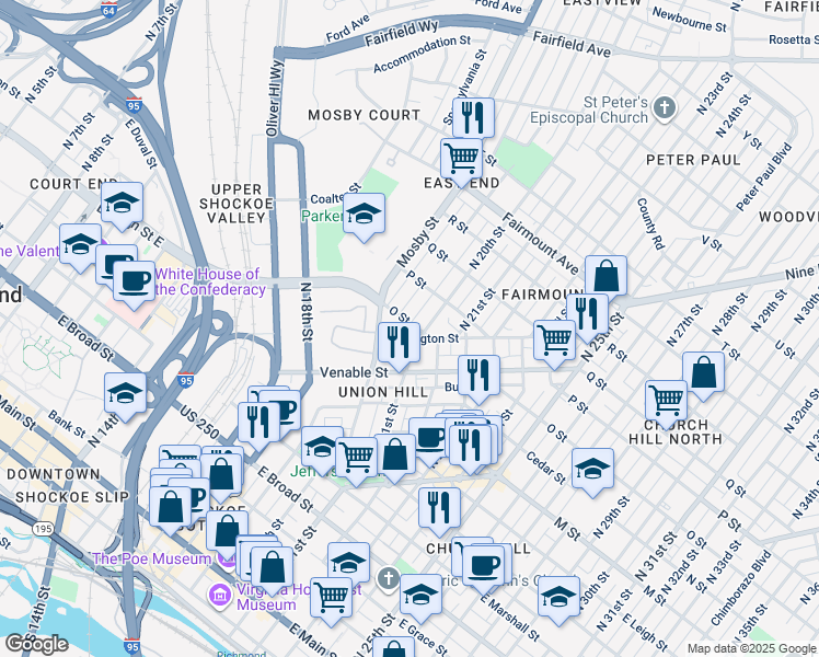 map of restaurants, bars, coffee shops, grocery stores, and more near 1921 O Street in Richmond