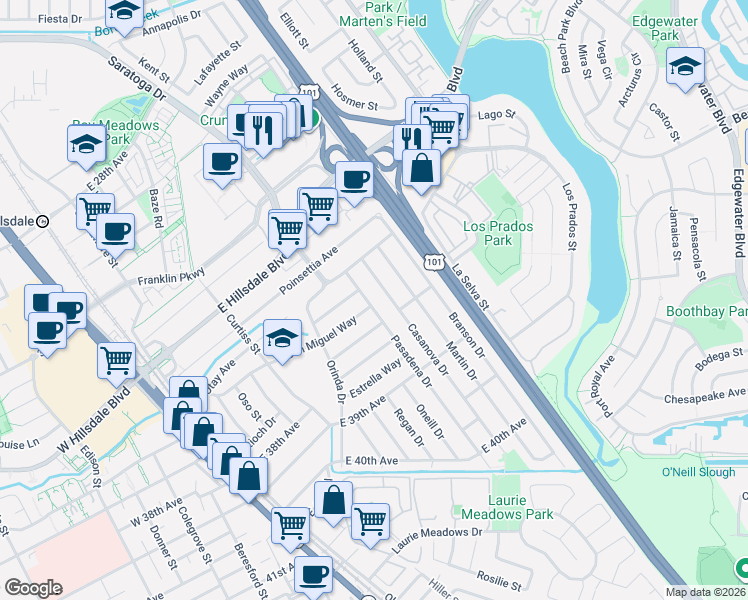 map of restaurants, bars, coffee shops, grocery stores, and more near 321 Cupertino Way in San Mateo