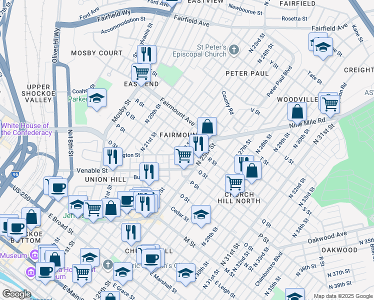 map of restaurants, bars, coffee shops, grocery stores, and more near 1110 North 24th Street in Richmond