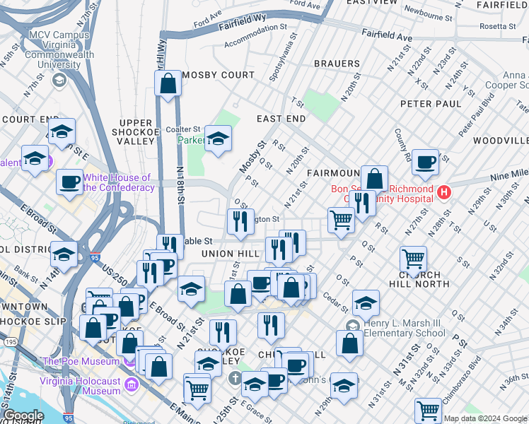 map of restaurants, bars, coffee shops, grocery stores, and more near 864 North 22nd Street in Richmond