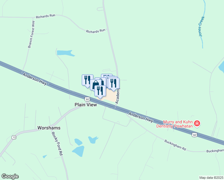 map of restaurants, bars, coffee shops, grocery stores, and more near 2105 Academy Road in Powhatan