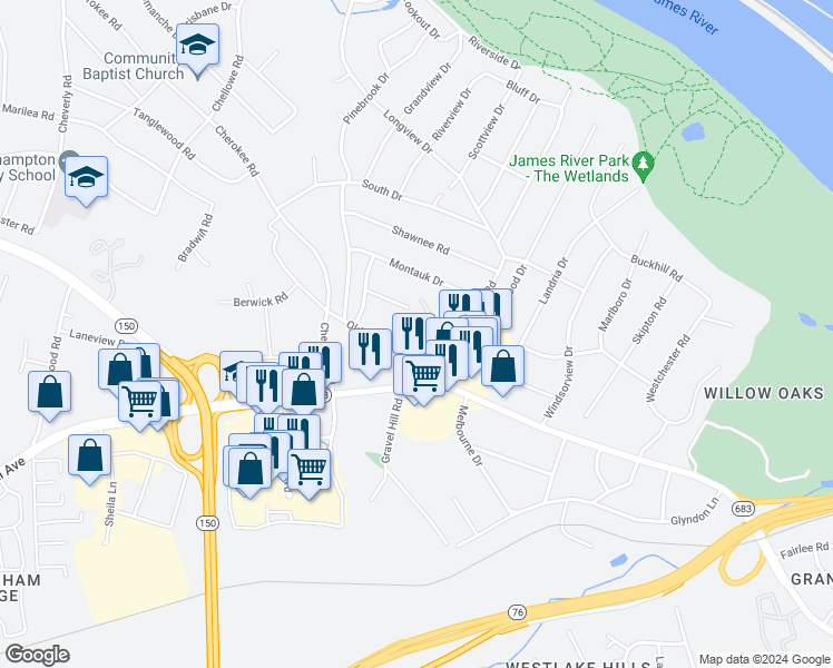 map of restaurants, bars, coffee shops, grocery stores, and more near 6909 Stratford Townes Way in Richmond