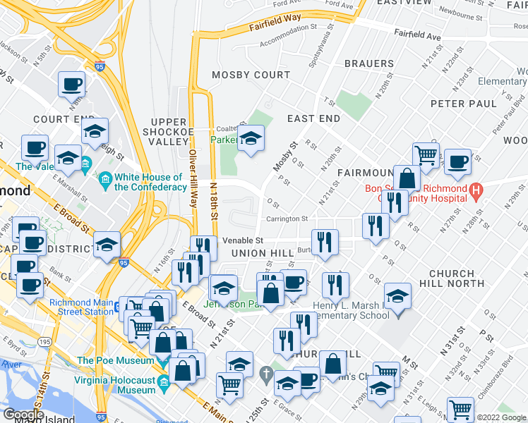 map of restaurants, bars, coffee shops, grocery stores, and more near 809 Mosby Street in Richmond