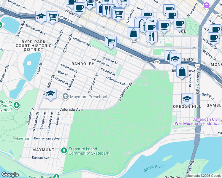 map of restaurants, bars, coffee shops, grocery stores, and more near 1401 Claiborne Street in Richmond