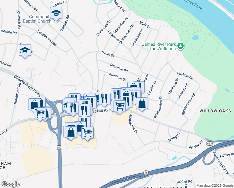 map of restaurants, bars, coffee shops, grocery stores, and more near 6913 Stratford Townes Way in Richmond