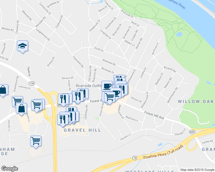 map of restaurants, bars, coffee shops, grocery stores, and more near 6913 Stratford Townes Way in Richmond