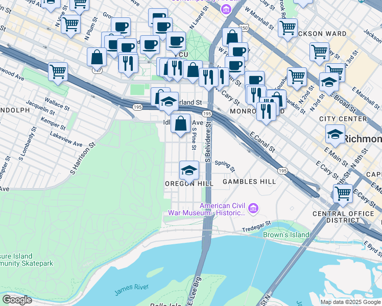 map of restaurants, bars, coffee shops, grocery stores, and more near 416 South Pine Street in Richmond