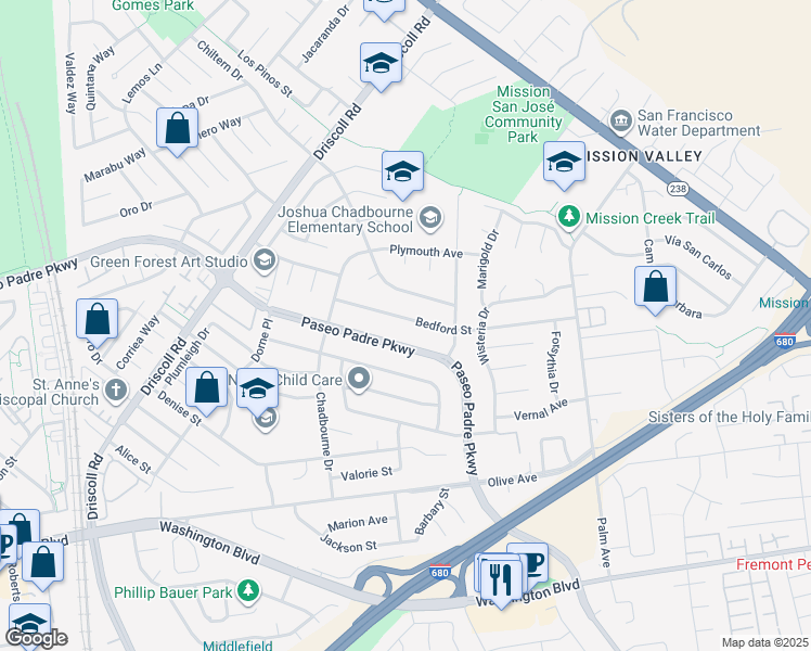 map of restaurants, bars, coffee shops, grocery stores, and more near 1224 Bedford Street in Fremont
