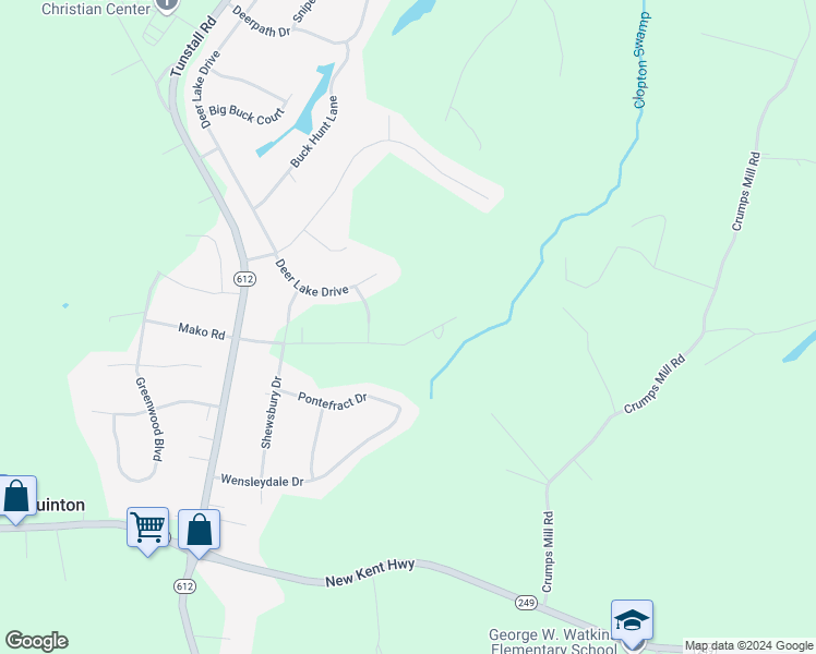 map of restaurants, bars, coffee shops, grocery stores, and more near 6100 Hingham Drive in New Kent