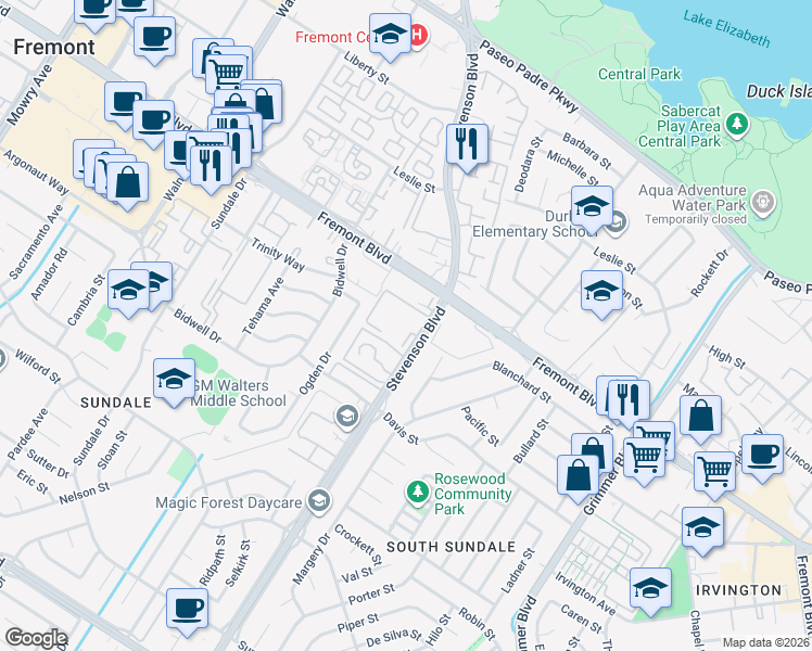 map of restaurants, bars, coffee shops, grocery stores, and more near 4141 Stevenson Boulevard in Fremont