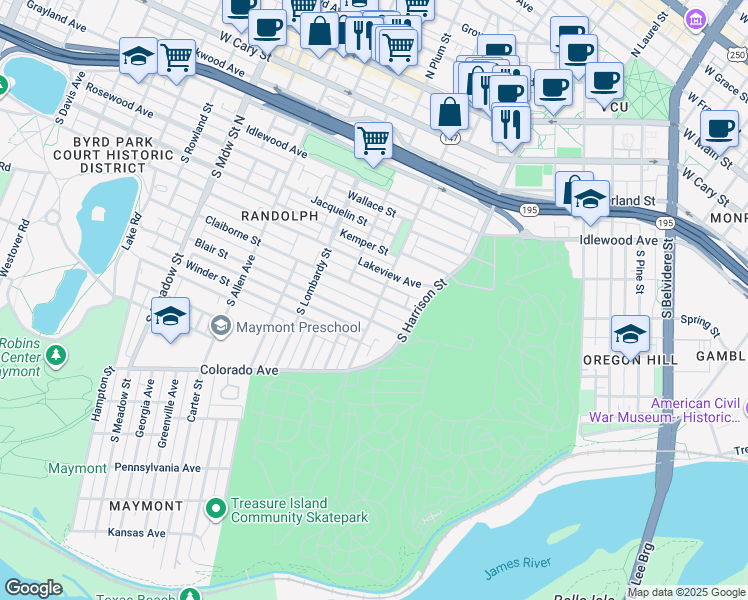map of restaurants, bars, coffee shops, grocery stores, and more near 1401 Claiborne Street in Richmond
