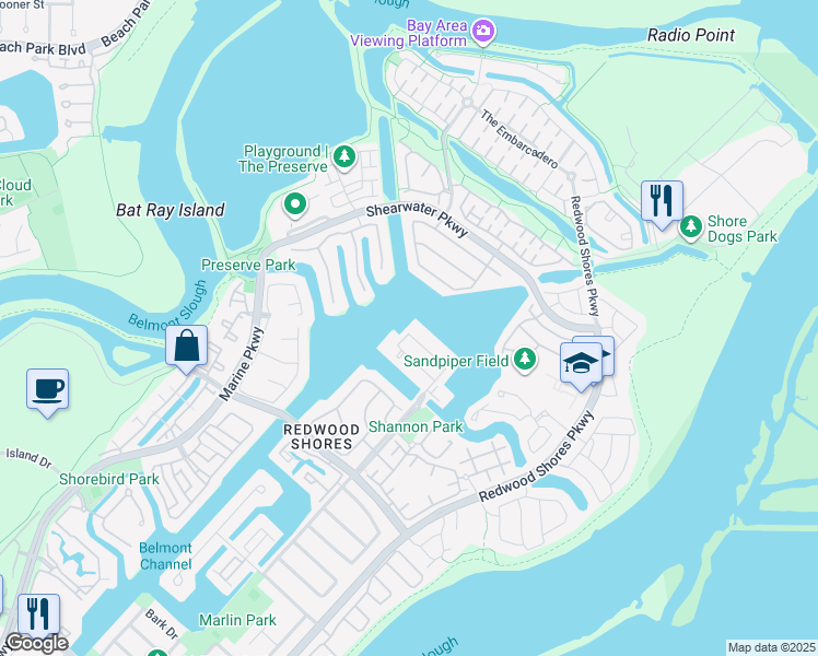 map of restaurants, bars, coffee shops, grocery stores, and more near 350 Baltic Circle in Redwood City
