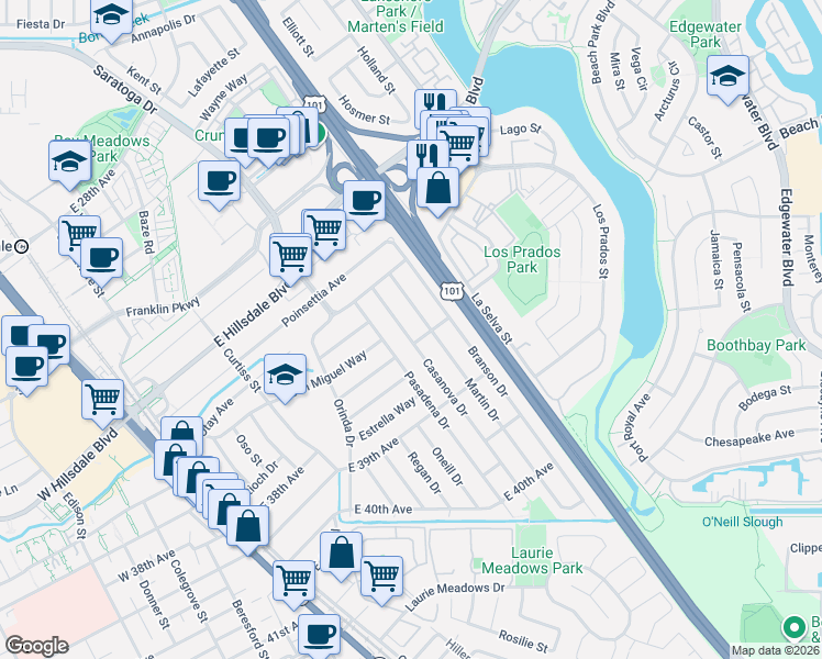 map of restaurants, bars, coffee shops, grocery stores, and more near 3533 Martin Drive in San Mateo