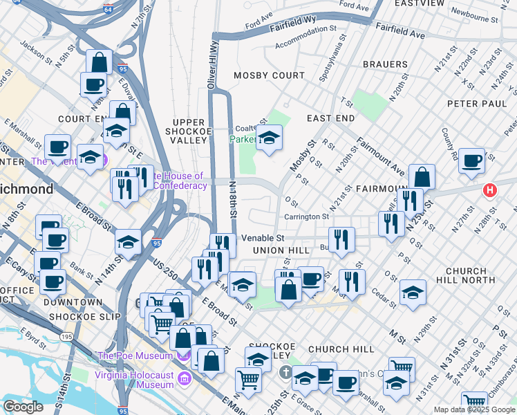 map of restaurants, bars, coffee shops, grocery stores, and more near 726 Mosby Street in Richmond