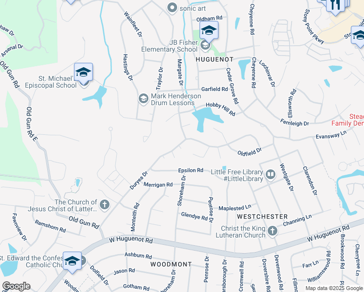 map of restaurants, bars, coffee shops, grocery stores, and more near 10211 Duryea Drive in Richmond