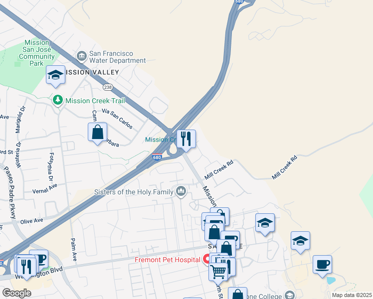 map of restaurants, bars, coffee shops, grocery stores, and more near 0 Mission Road in Fremont